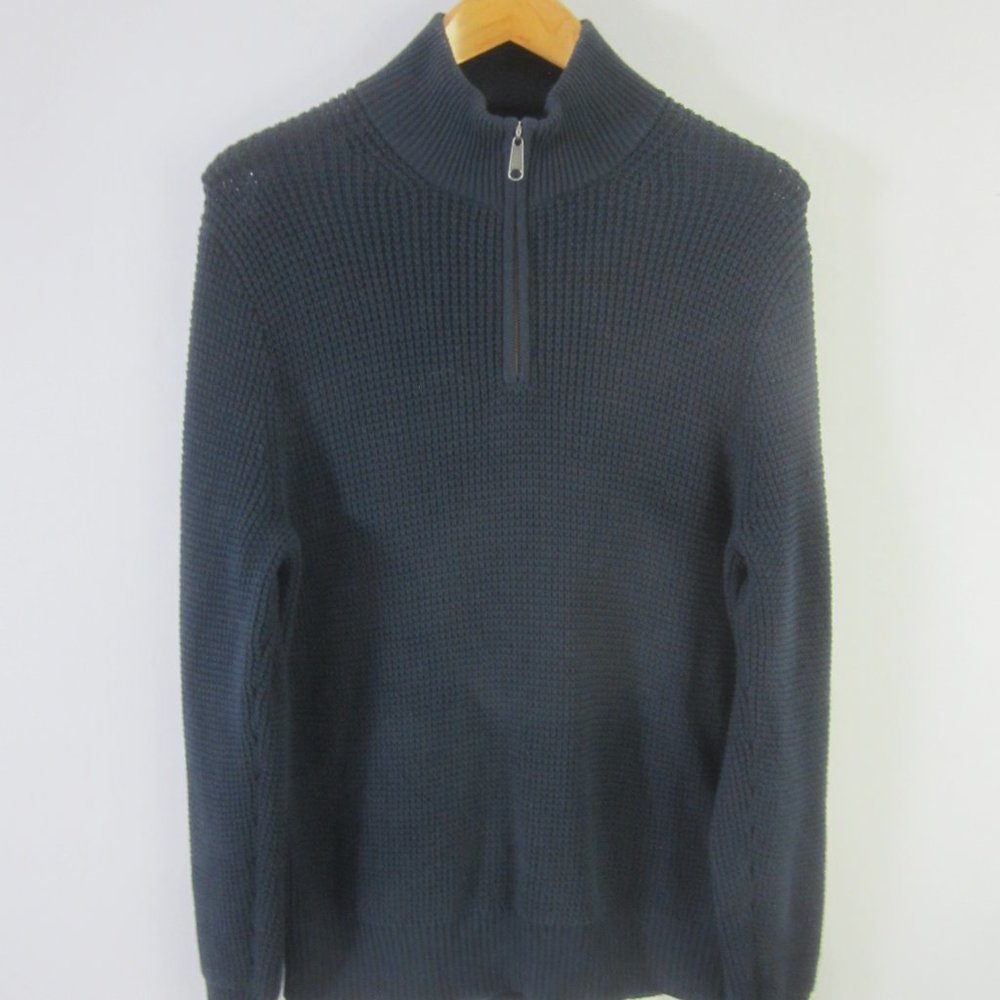 Vtg J. Crew Mens Medium Navy Blue LS Cotton Waffle Weave 1/4 Zip Henley Sweater